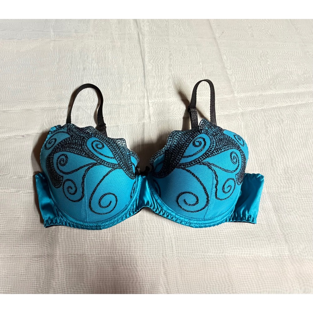 Blush Lingerie Turquoise Blue Black Embroidered Scroll Push Up Bra 34C Underwire